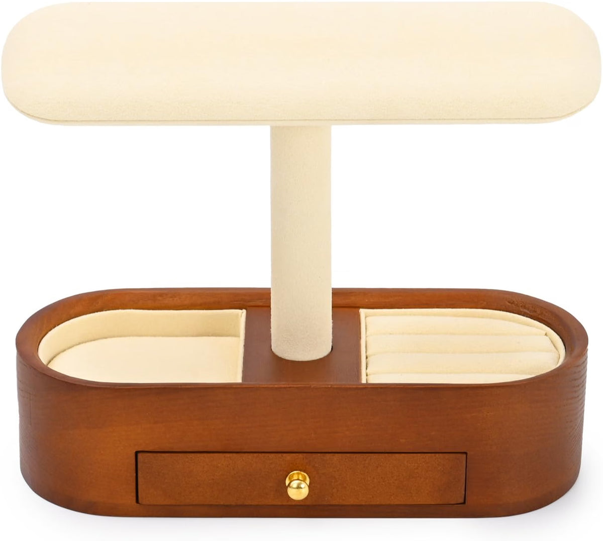 Oirlv Solid Wood Watch Stand with Drawer, T-Bar Watch Holder & Jewelry Organizer for Men and Women, Bracelet, Bangle, Ring & Earring Display, Creamy White