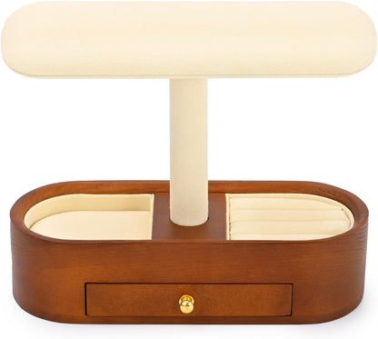 Oirlv Solid Wood Watch Stand with Drawer, T-Bar Watch Holder & Jewelry Organizer for Men and Women, Bracelet, Bangle, Ring & Earring Display, Creamy White