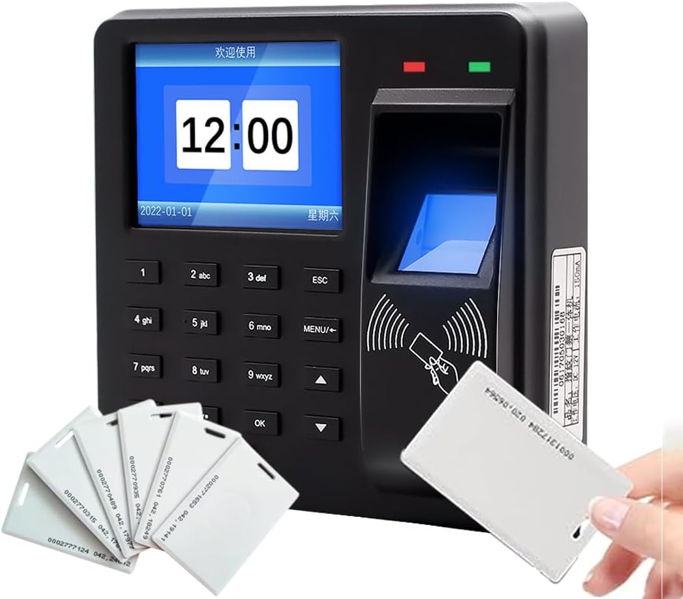 Access Control Time Attendance Machine Fingerprint Recognition/Password/Card Time Clock Employee Check-in Recorder with 10PCS Thick Card