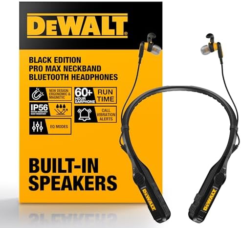 DEWALT Heavy Duty 2-in-1 Neckband Bluetooth Headphones w/Built-in Speakers, Jobsite Wearable Speaker & Around Neck Headphones, Wireless Bluetooth Headset, 60+ Hrs Hands-Free Music/Calls, Carry Pouch