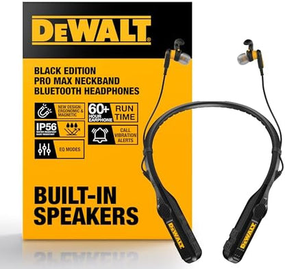 DEWALT Heavy Duty 2-in-1 Neckband Bluetooth Headphones w/Built-in Speakers, Jobsite Wearable Speaker & Around Neck Headphones, Wireless Bluetooth Headset, 60+ Hrs Hands-Free Music/Calls, Carry Pouch