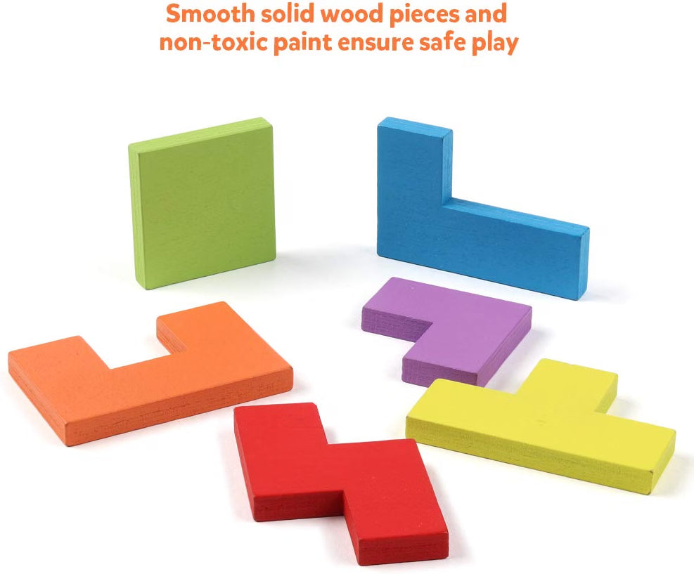 Coogam Wooden Blocks Puzzle, 40-Piece 3D Russian Blocks Tangram Jigsaw Brain Teaser Game, Colorful Wooden STEM Montessori Educational Puzzle for Kids & Adults