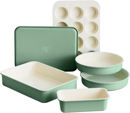 GreenLife 6 Piece Ceramic Nonstick Oven Bakeware Set, Sage PFAS-Free Ceramic Nonstick, Baking Set, Cookie Sheet, Loaf, Cake & Muffin Pans, Easy Release, Dishwasher & Oven Safe to 450F