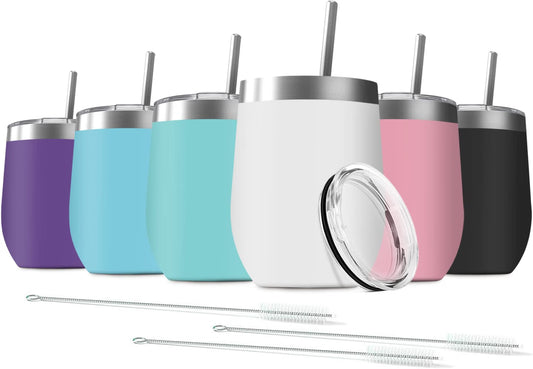Deitybless 12 oz Stainless Steel Wine Tumblers, 6-Pack with Lids, Vacuum Insulated Travel Cups with Straws & Cleaning Brushes, Assorted Colors