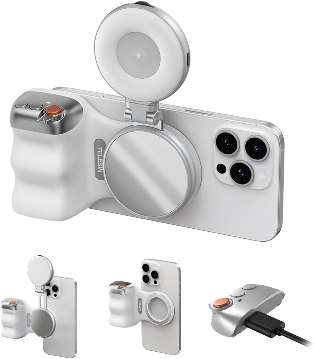 TELESIN Magnetic Phone Camera Grip & C03 Magnetic Selfie Light Creator Kit | Fun Shot Wireless Shutter Grip, 360° Rotatable LED Selfie Light with Mirror, iPhone & Android Compatible