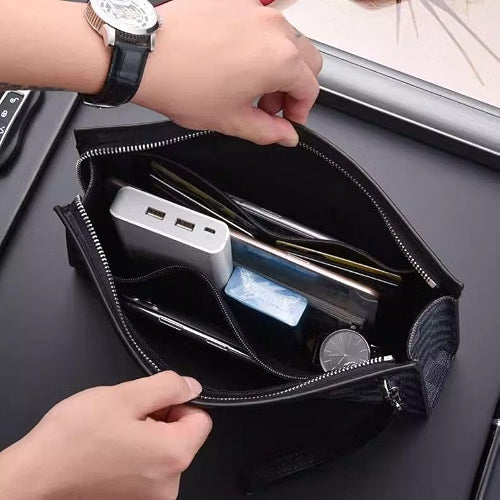 HyperionFlo Essentials Men's Vintage Plaid Leather Clutch Bag, Business Casual Handheld Purse, Zipper Wrist Wallet, Gentleman Travel Hand Bag