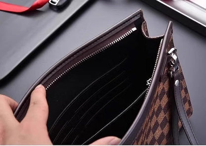 HyperionFlo Essentials Men's Vintage Plaid Leather Clutch Bag, Business Casual Handheld Purse, Zipper Wrist Wallet, Gentleman Travel Hand Bag