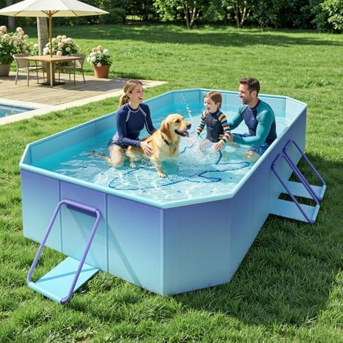 HeySplash Foldable Swimming Pool, Non-Inflatable 78" x 53" x 19", Rectangular Family Pool with Triple Drainage System, Puncture-Resistant PVC, Portable Pool for Kids & Pets, Ice Blue