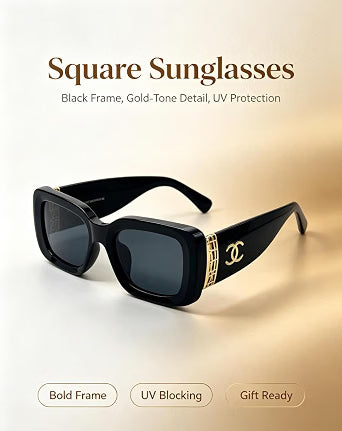 HyperionFlo Essentials Black Oversized Square Sunglasses with Gold Metal Accents, UV400 Dark Gray Tinted Lenses, Full Coverage