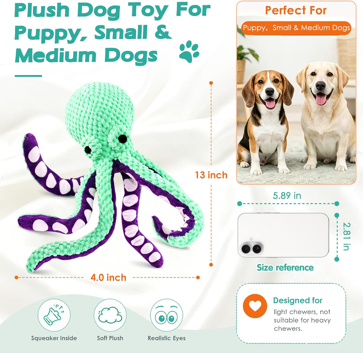 Fuufome Octopus Plush Dog Toy for Small Dogs & Puppies, 13-Inch Squeaky Crinkle Toy with Long Tentacles for Tug, Fetch & Cuddle, Machine Washable