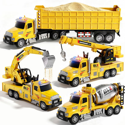 MEWOCHEE Construction Truck Toys, 4-Pack Large Engineering Vehicles with Excavator, Crane, Cement Mixer & Dump Truck, Push-and-Go Toy Vehicles with Lights & Sounds for Kids Ages 3-5