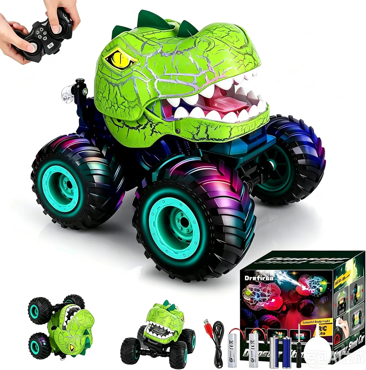Drefirsa Dinosaur Monster Truck RC Car for Kids Ages 4-7, Remote Control Stunt Car with 360° Spin, 90° Two-Wheel Drive, Lights, Smoke Spray & Music, Green