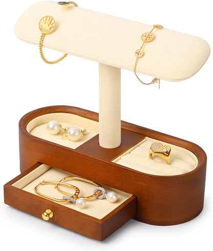 Oirlv Solid Wood Watch Stand with Drawer, T-Bar Watch Holder & Jewelry Organizer for Men and Women, Bracelet, Bangle, Ring & Earring Display, Creamy White
