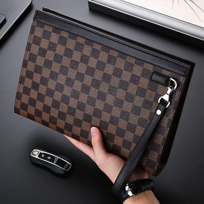 HyperionFlo Essentials Men's Vintage Plaid Leather Clutch Bag, Business Casual Handheld Purse, Zipper Wrist Wallet, Gentleman Travel Hand Bag