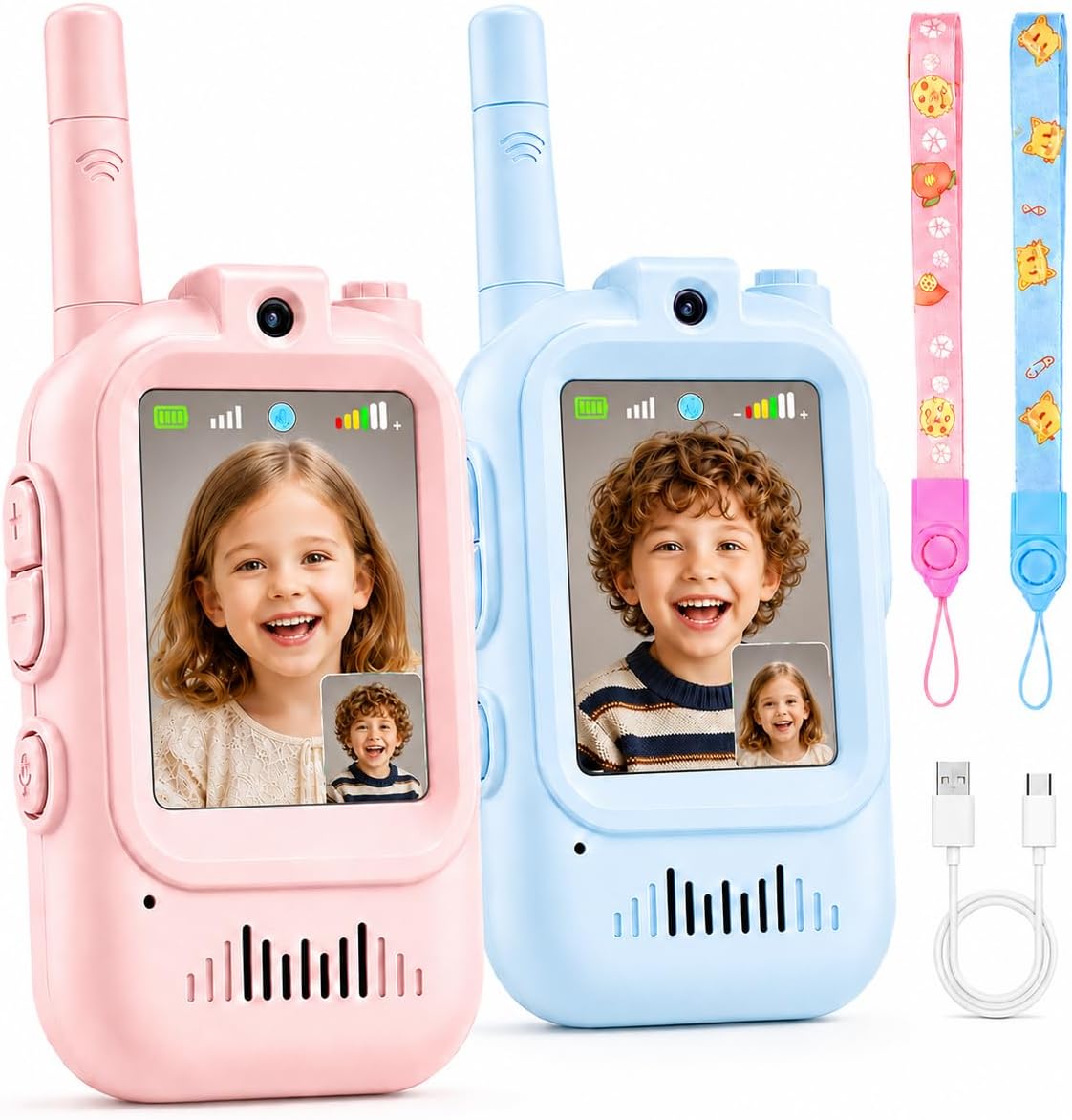 Fabeto Kids Video Walkie Talkies, 2-Pack Rechargeable Walkie Talkie Toys with 720P HD Camera, Voice Changer, Auto Pairing, USB-C Charging, Pink & Blue