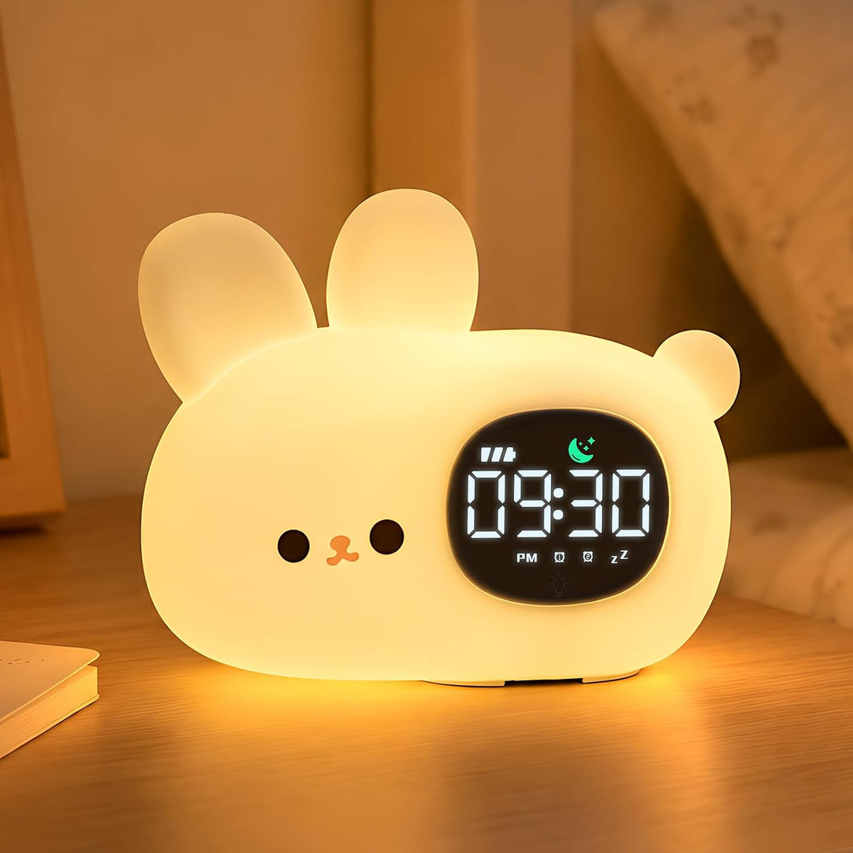 Aokpsrt Bunny Kids Alarm Clock with Night Light, OK to Wake Toddler Sleep Training Clock, Dual Alarm, White Noise, Multicolor Night Light, White