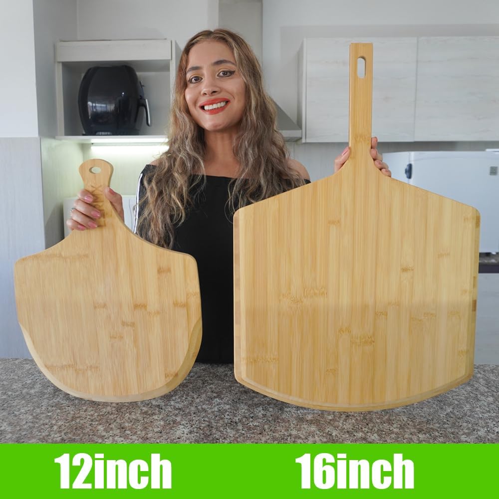 Pizza Peel 16 Inch, Natural Bamboo Pizza Board for Transferring & Serving 16” Multi-Purpose Bamboo Pizza Cutting Board, Wood Pizza Spatula Paddle for Baking Homemade Cheese Bread Fruits Vegetables