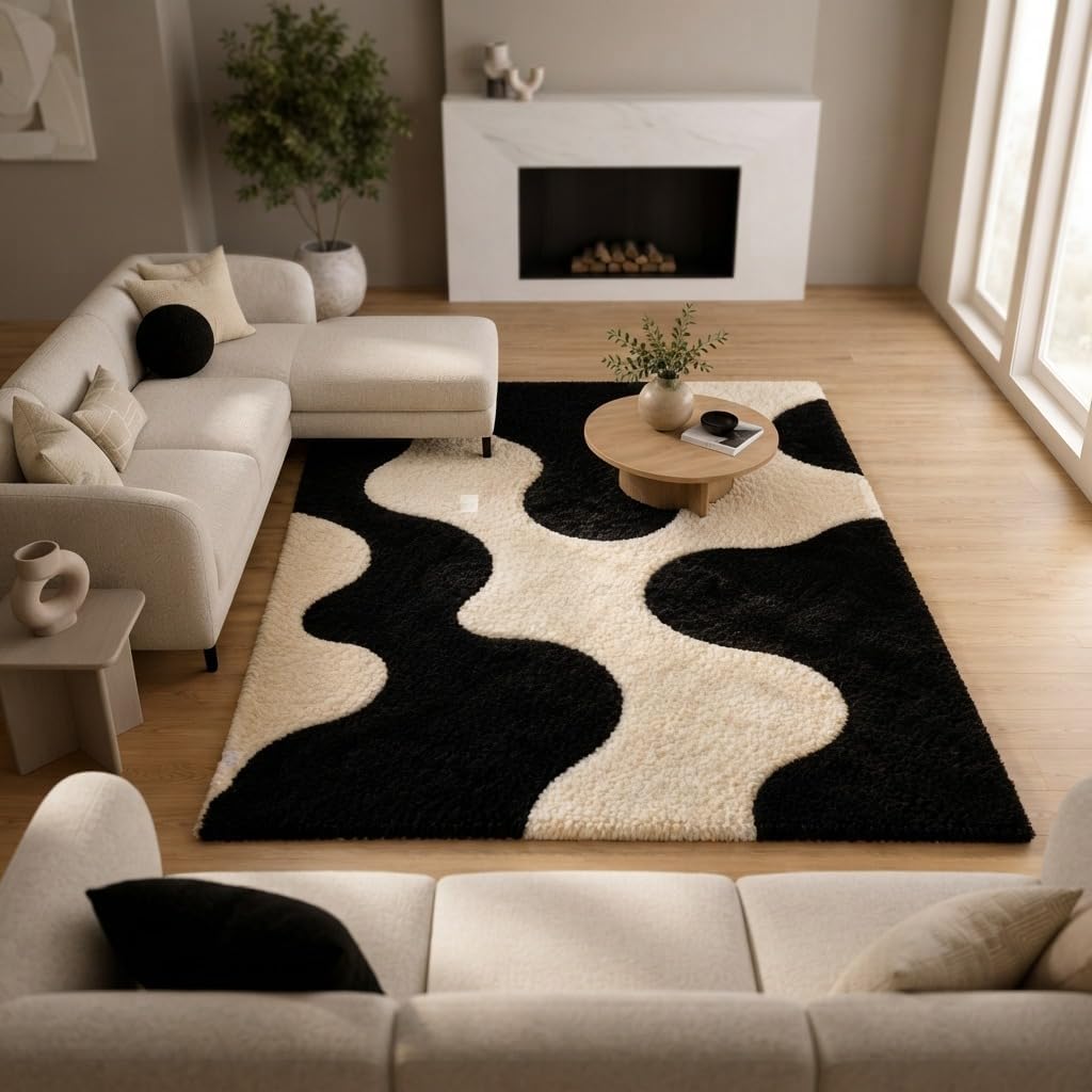 Hand-Tufted Wool Area Rug - Teal & WhiteBox Designed Abstract Pattern Carpet for Bedroom, Living Room, Dining Room, Hallway & Entryway Décor 12'x15'