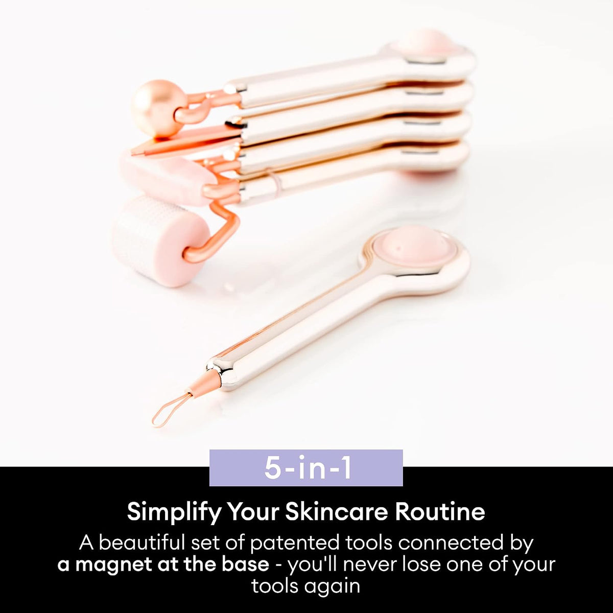 5-in-1 Professional Skin Care Tool Collection | Derma Roller, Rose Quartz Face Roller, De-Puffing Eye Roller, Comedone Extractor or Blackhead Remover & Precision Tweezer