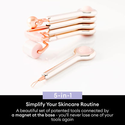 5-in-1 Professional Skin Care Tool Collection | Derma Roller, Rose Quartz Face Roller, De-Puffing Eye Roller, Comedone Extractor or Blackhead Remover & Precision Tweezer
