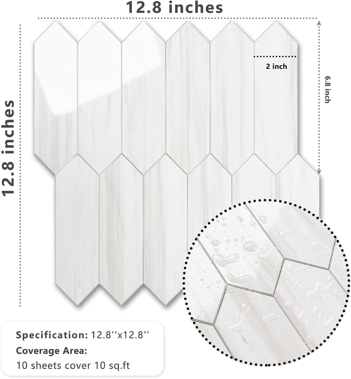 Vamos Tile Glossy Dolomite White Backsplash Tile Peel and Stick, 12.8 x 12.8 Inch 10 Sheets Long Hexagon PVC Self Adhesive Mosaic Wall Tiles Stick on Backsplash for Kitchen and Bathroom
