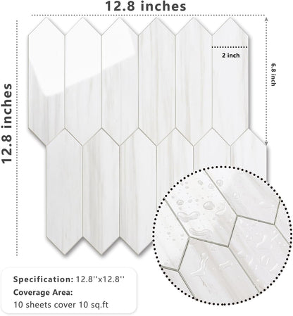 Vamos Tile Glossy Dolomite White Backsplash Tile Peel and Stick, 12.8 x 12.8 Inch 10 Sheets Long Hexagon PVC Self Adhesive Mosaic Wall Tiles Stick on Backsplash for Kitchen and Bathroom