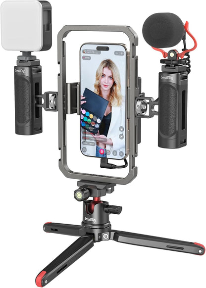 SmallRig Universal Phone Video Rig Kit for iPhone for Huawei -3384D All-in-One Vlogging Rig Kit: Tripod, Microphone, LED Light, Side Handle & Power Bank Holder, for Vlogging & Live Streaming