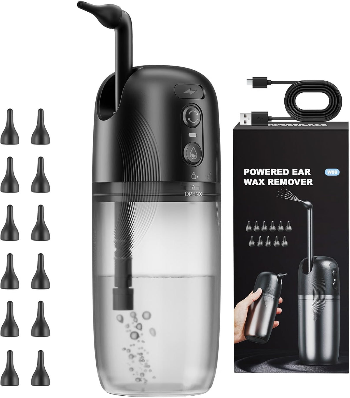 HyperionFlo Essentials Electric Ear Wax Removal Kit, Water-Powered Ear Cleaner with 3 Pressure Modes, 12 Silicone Tips, IPX7 Waterproof, USB Rechargeable