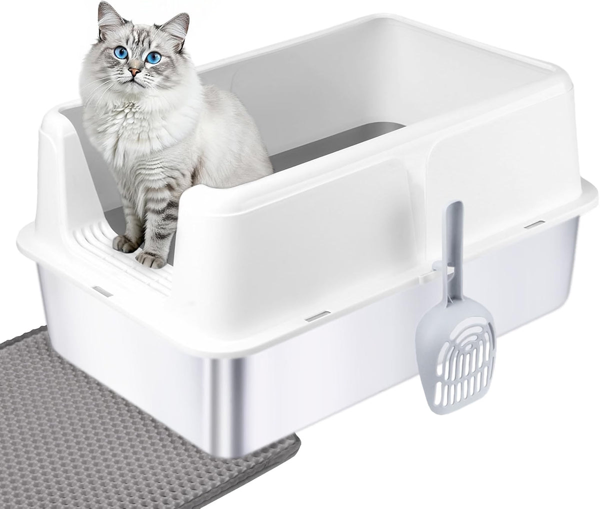 HyperionFlo Essentials Stainless Steel Cat Litter Box with Lid, X-Large High-Sided Covered Metal Litter Pan with Scoop & Dual-Layer Mat, White