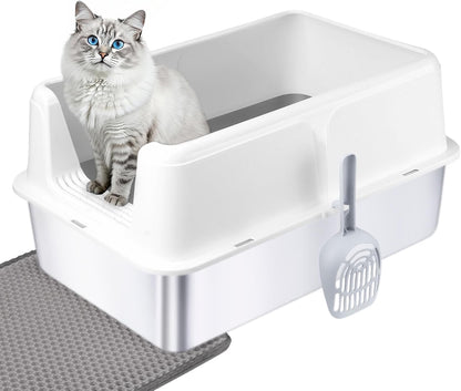 HyperionFlo Essentials Stainless Steel Cat Litter Box with Lid, X-Large High-Sided Covered Metal Litter Pan with Scoop & Dual-Layer Mat, White
