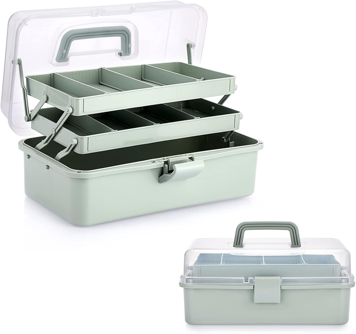 BTSKY 3-Layer Plastic Dividing Storage Box, Craft Organizer and Storage Case with Adjustable Compartments, Haze Green