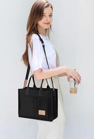 GASSDA Canvas Tote Bag for Women, Large Work Purse with Laptop Sleeve, Pockets, Zipper Closure & Adjustable Crossbody Strap, Black