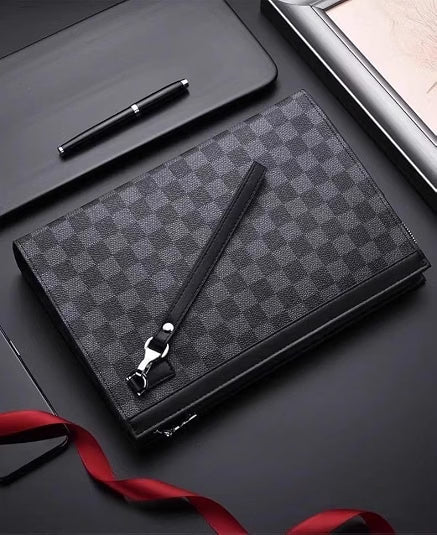 HyperionFlo Essentials Men's Vintage Plaid Leather Clutch Bag, Business Casual Handheld Purse, Zipper Wrist Wallet, Gentleman Travel Hand Bag