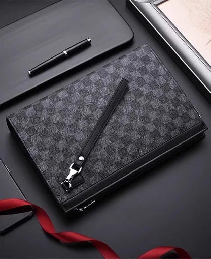 HyperionFlo Essentials Men's Vintage Plaid Leather Clutch Bag, Business Casual Handheld Purse, Zipper Wrist Wallet, Gentleman Travel Hand Bag