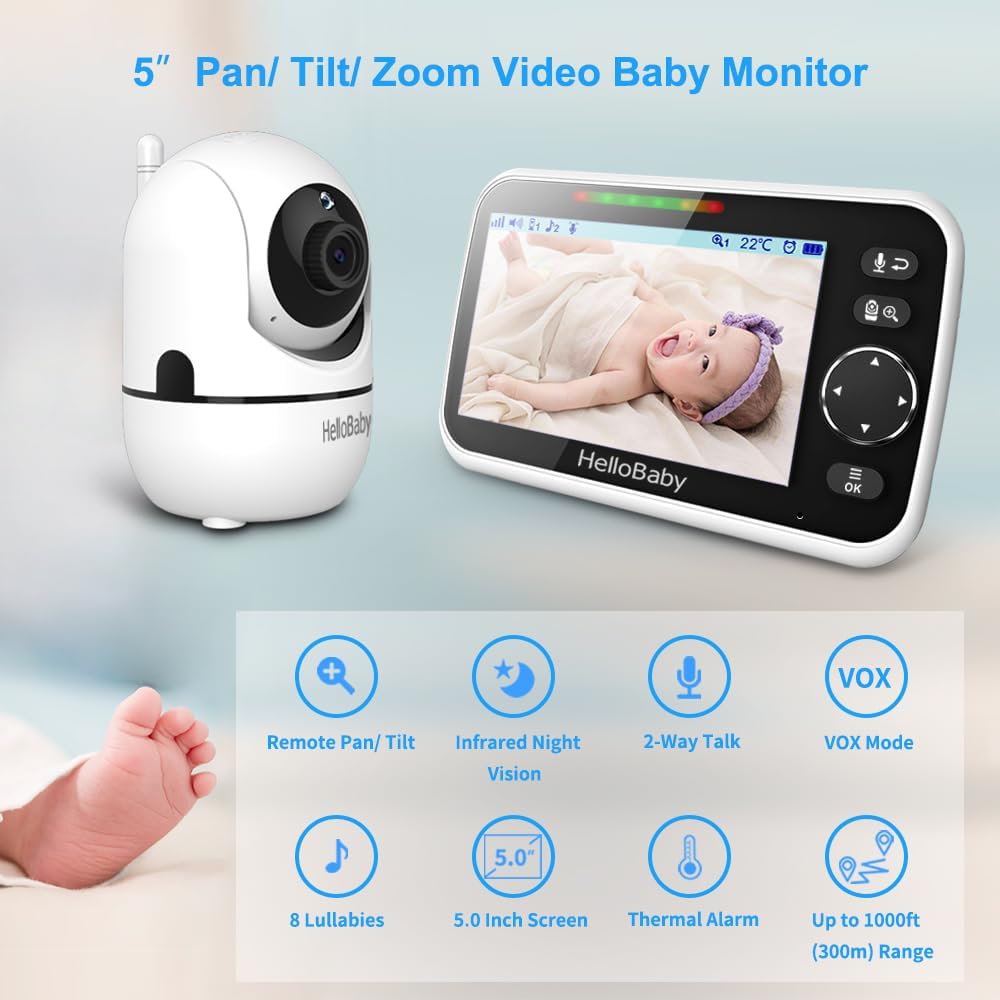 HelloBaby No WiFi Baby Monitor Camera and Audio HB6550, 5" Video Screen Trusted by 10M+ Families, 30H Battery, PTZ, Private No-WiFi, Night Vision, 1000ft, Easy Setup, 2-Way Talk, VOX, Travel Ready