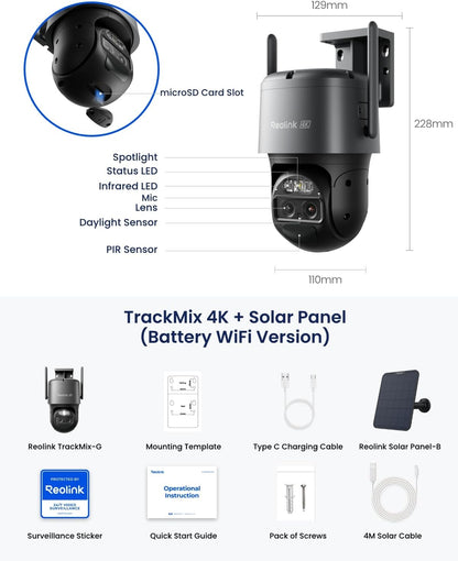 REOLINK TrackMix 4K Dual-Lens PTZ Solar Security Cameras Wireless Outdoor Auto Tracking, Color Night Vision, 360° Pan Tilt, 8X Hybrid Zoom, Smart AI Detection, No Subscriptions, Home Hub Compatible