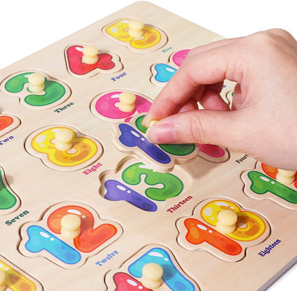 GRINNNIE Wooden Peg Puzzle Set for Toddlers, 6-Pack Montessori Learning Puzzles for Ages 3-5, Alphabet Number Shape Animal Dinosaur & Vehicle Educational Wooden Peg Puzzles