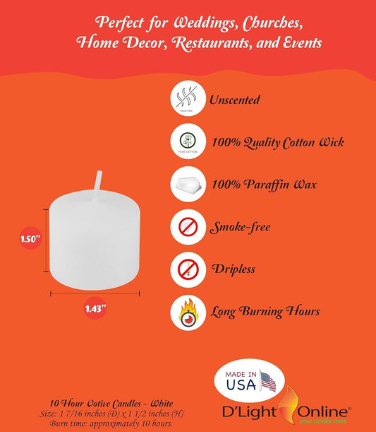 D'light Online Long 10 Hour Burn Time Unscented White Votive Candles - Small Candles for Birthdays, Home Decoration, Restaurants, Synagogues, Churches and Weddings (White, 10 Hour - Set of 288)