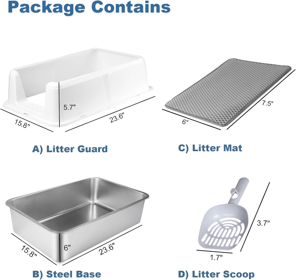 HyperionFlo Essentials Stainless Steel Cat Litter Box with Lid, X-Large High-Sided Covered Metal Litter Pan with Scoop & Dual-Layer Mat, White