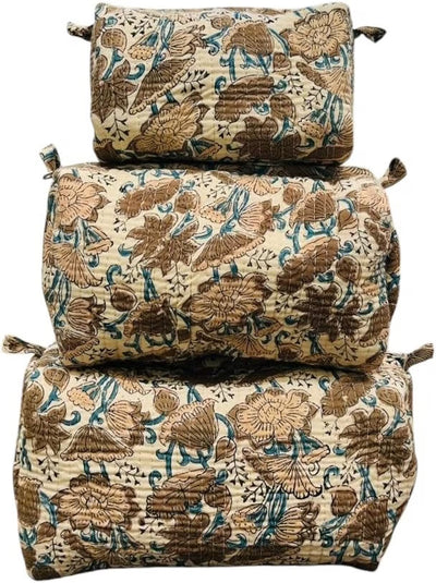 HyperionFlo Essentials 3-Piece Floral Quilted Cotton Travel Cosmetic Pouch Set, Handblock Printed Organizers with Zipper Closure, Color #2