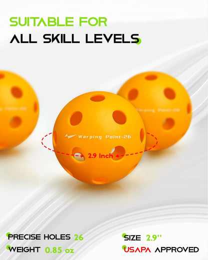 Warping Point Indoor Pickleball Balls, 12-Pack, 26-Hole TPE Practice Pickle Balls, 40+ Standard Size with Consistent Bounce & High Visibility, Orange