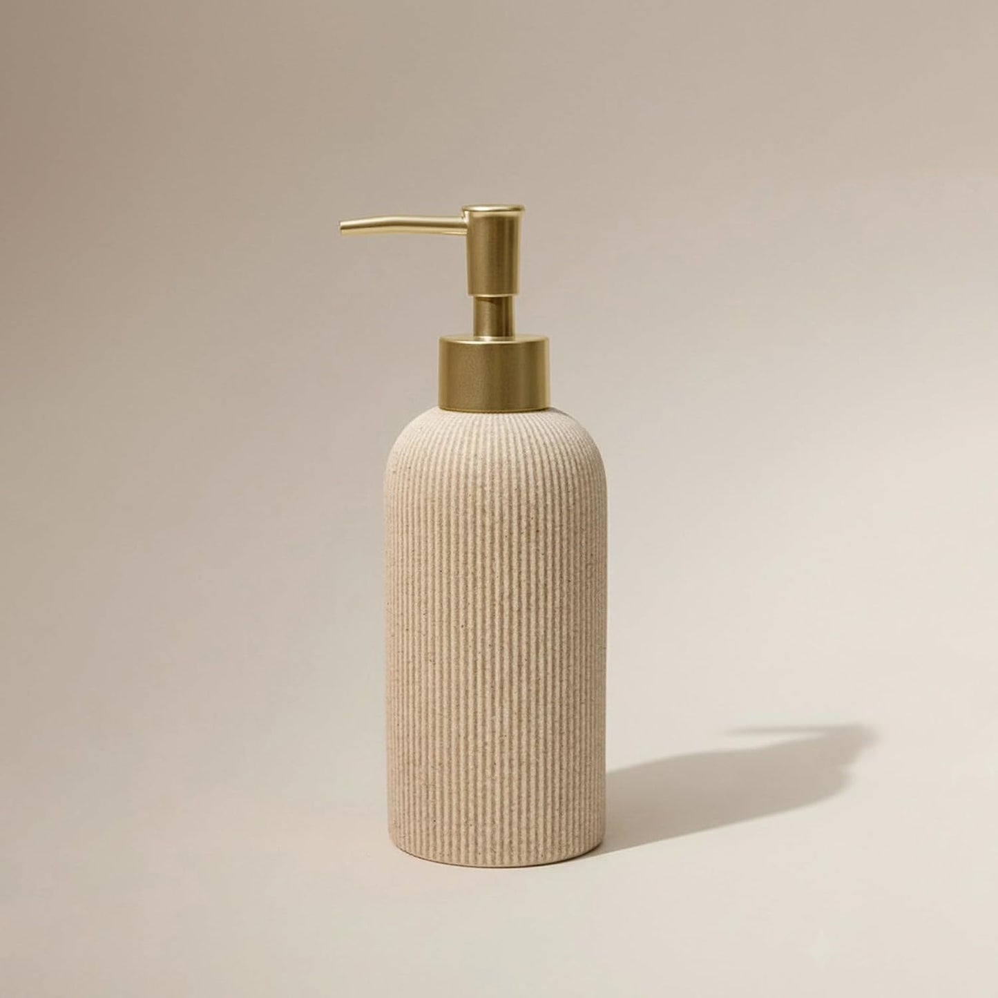 Sand Beige Hand Soap Dispenser with Matte Gold Pump, 11oz Luxury Boho Farmhouse Style, Fluted Sandstone Texture, Lotion & Dish Soap Dispenser for Bathroom and Kitchen Countertop