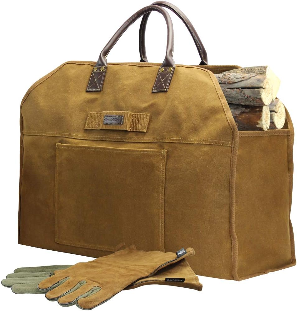 INNO STAGE Waxed Canvas Firewood Log Carrier with Gloves Extra Large Capacity, with Pocket, Waterproof, Heavy Duty, Wood Tote Bag Holder, for Fireplace, Wood Stove, Camping