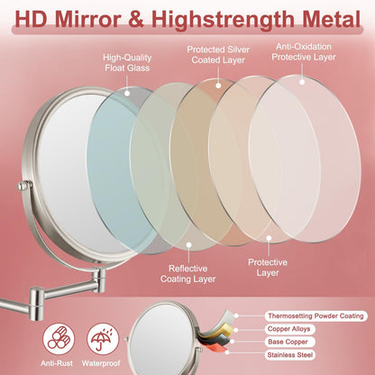 Wall Mounted Makeup Mirror, 1X/5X Magnifying Mirror Double Sided, 8 Inch Extendable Bathroom Mirror for Shaving, Nickel