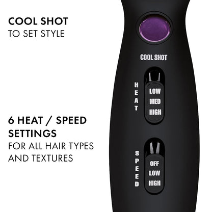 Hot Tools Pro Artist Tourmaline 2000 Turbo 1875 Watt Hair Dryer, Black Lightweight, Fast Drying, Ionic Technology for Salon Quality Blowouts, 6 Heat/Speed Settings, Pik, Concentrator, Diffuser
