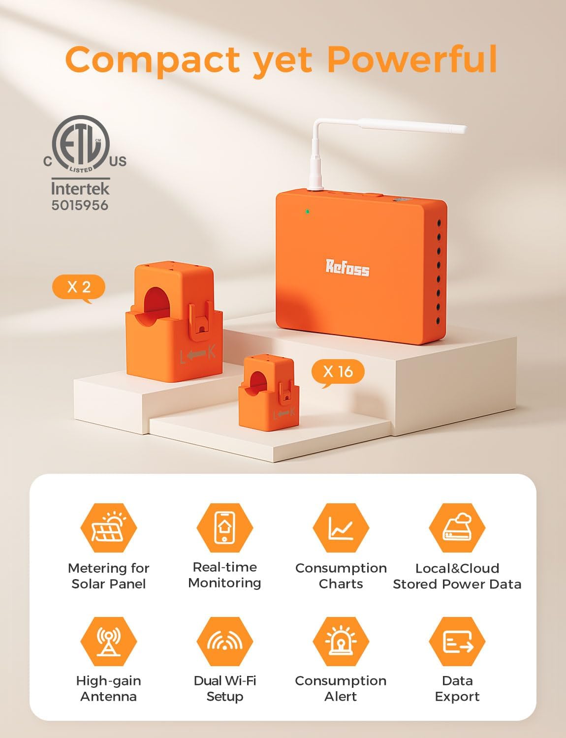 Refoss Smart Home Energy Monitor with Open API, Home Assistant, No Cloud – 16 Circuit 60A Sensors, Real-Time Electricity Usage Monitor, Solar Metering, ETL Certified, EM16P