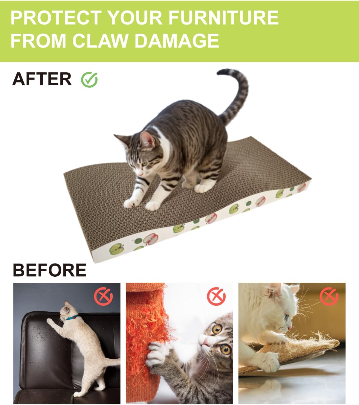 TIMHAKA Cat Scratching Board, Double-Sided Corrugated Cardboard Cat Scratcher with Catnip, Premium Scratch Texture Pad for Indoor Cats, Pack of 2, Apple