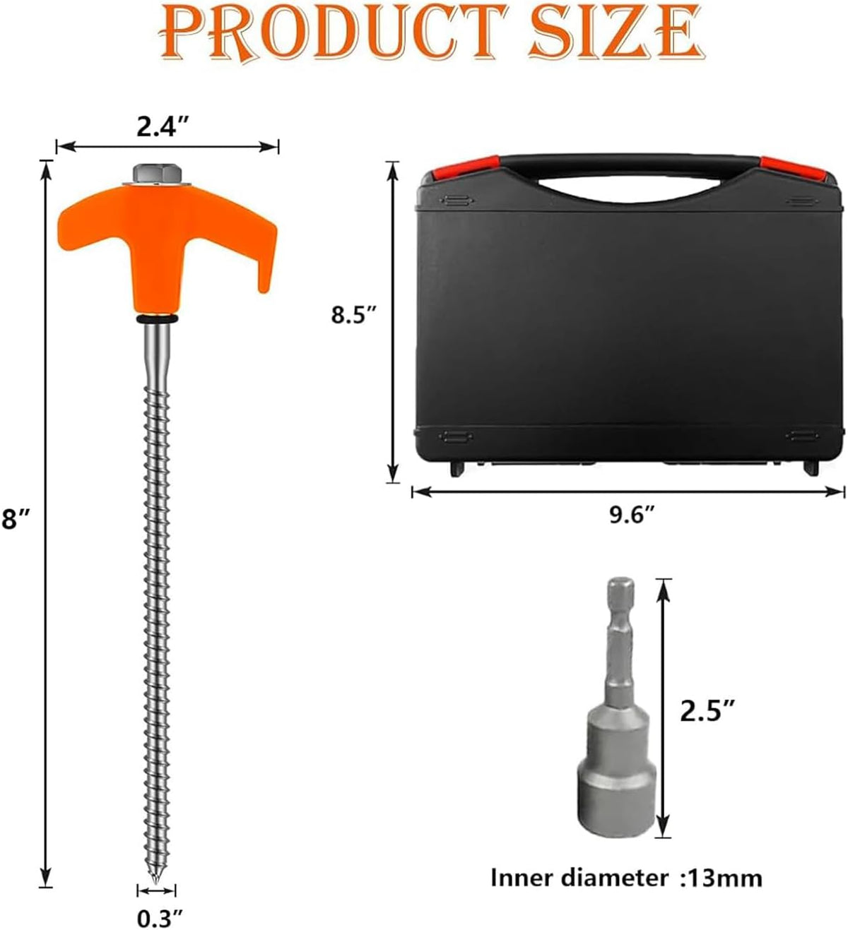 x-vesolje 8-Inch Heavy Duty Screw-In Tent Stakes, 12-Pack Drill-In Ground Anchors with Hex Socket & Storage Case, Galvanized Metal Tent Pegs for Camping, Canopies & Outdoor Inflatables, Orange