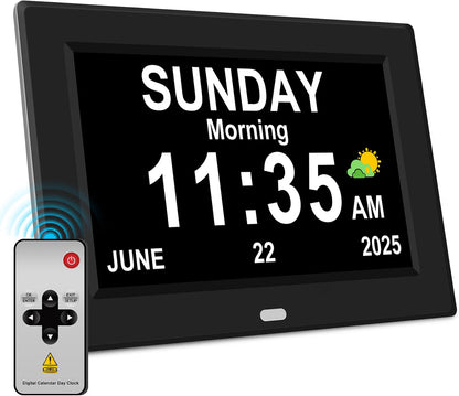 HyperionFlo Essentials 10-Inch Digital Clock for Seniors, Large Display Calendar Clock with Day & Date, 12 Alarms, Medication Reminders, Auto Dimming & Remote Control, Black