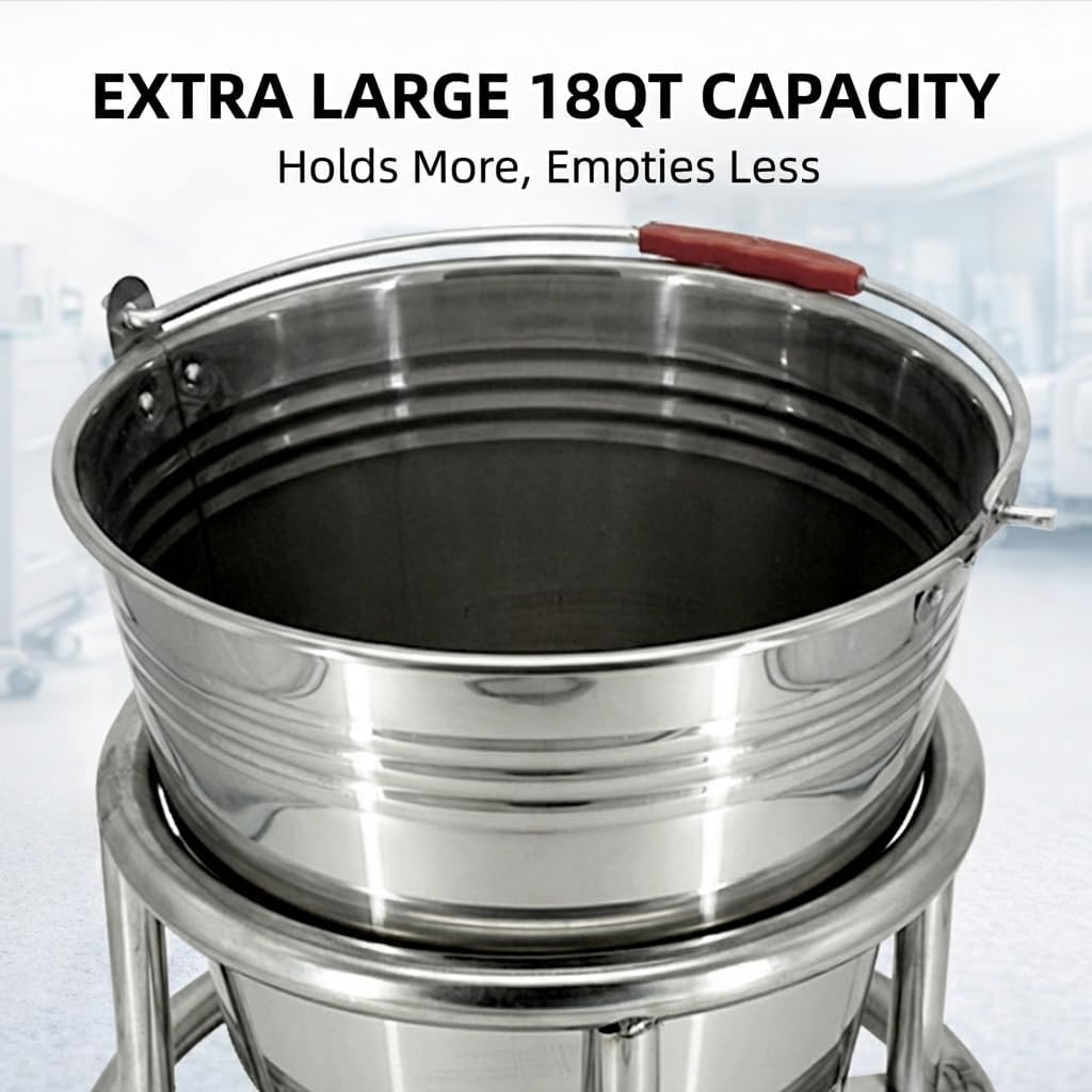 Stainless Steel Kick Bucket with Rolling Stand - Large 18 Quart Capacity, Removable Bason, Quiet Casters, Durable Frame - Ideal for Medical, Surgical, and Cleaning Use